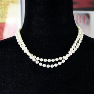 Mid Century Faux Pearl Double Strand Necklace, Rectangular Fish Hook Clasp J18